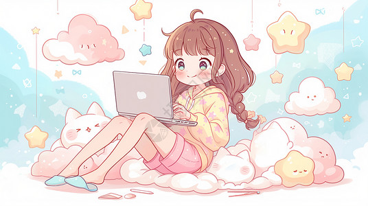 坐在云朵上认真看着电脑工作的卡通女孩背景图片