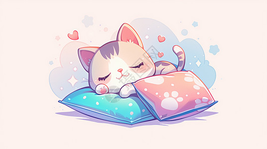 趴在枕头里睡觉趴在软软的枕头上睡觉的可爱卡通小花猫插画