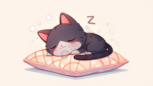 趴在枕头里睡觉趴在软软的枕头上的卡通小花猫插画