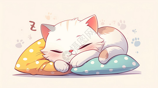 趴在枕头里睡觉趴在枕头上 的可爱卡通小花猫插画