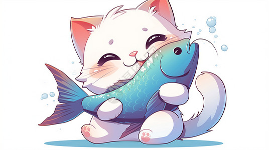 猫抱着鱼抱着大大的鱼的开心笑的卡通小花猫插画