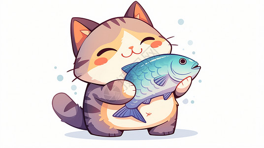 小猫抓鱼抱着大大的鱼的开心笑的卡通花猫插画