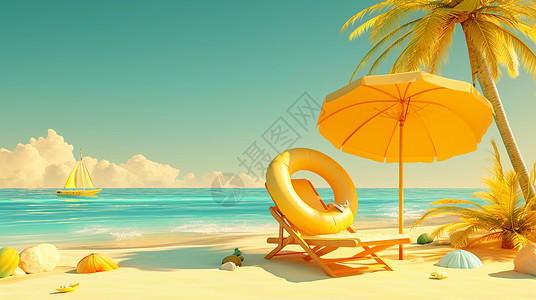 海边小岛海边一把休闲躺椅和一把黄色大大的遮阳伞插画