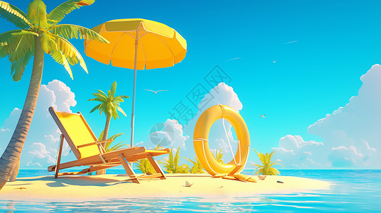 防晒季海边一把休闲躺椅和一把黄色的遮阳伞插画