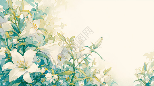 淡雅的白色百合花梦幻漂亮的卡通百合花花朵背景插画
