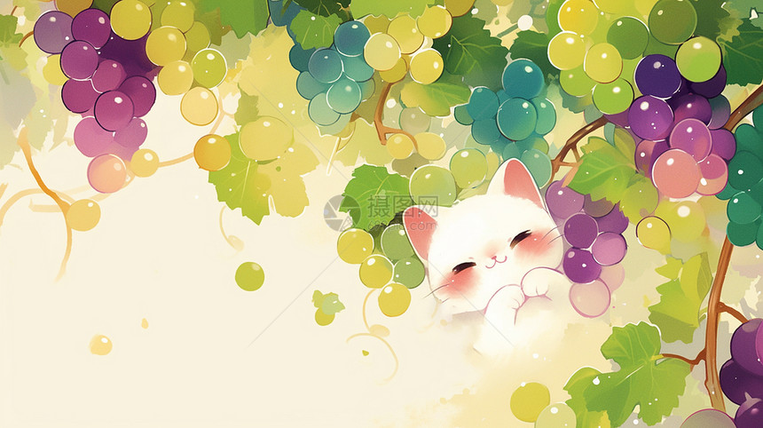 在葡萄园中的一只可爱的卡通小馋猫图片