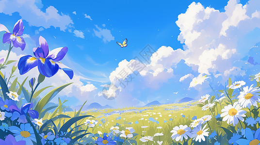 百日菊一片花园蓝天白云下一片盛开的紫色花朵插画