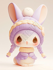 立体紫色标签长长的耳朵可爱的卡通小白兔插画