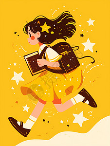 走路卡通穿着黄色连衣裙抱着书本的卡通女孩插画