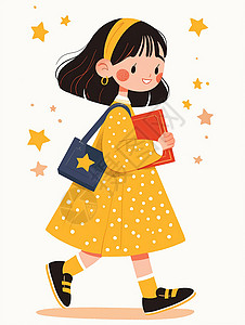 卡通连衣裙穿着黄色连衣裙拿着书本走路的卡通女孩插画