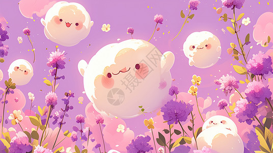 紫色花朵与可爱的卡通云朵背景图片