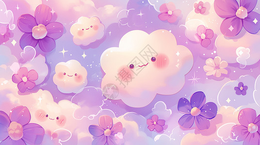 紫色小花与可爱的卡通云朵背景图片