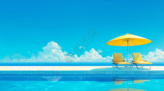 泳池躺椅在泳池边一把黄色的太阳伞与两把椅子插画