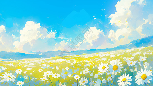 闪片蓝天白云下一大片美丽的卡通小雏菊插画