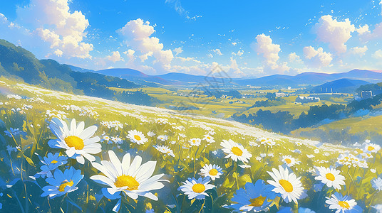 风景蓝蓝天下一大片美丽的卡通小雏菊插画