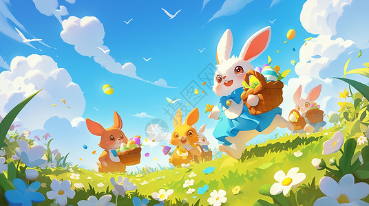 几只可爱的卡通兔子拿着竹篮在草地上玩耍背景图片