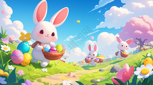 在土上兔子几只卡通兔子拿着竹篮在草地上玩耍插画