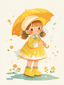 雨靴黄色卡通小女孩穿着花朵卡通小裙子插画