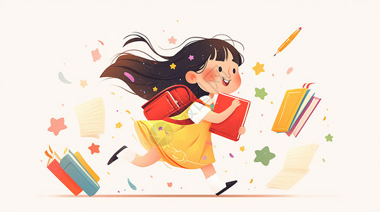 仙本抱着书本开心奔跑的卡通小女孩插画