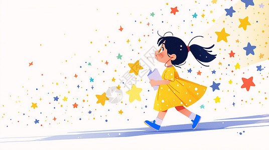 小清新黄色彩灯穿着黄色连衣裙的卡通小女孩拿着书籍走路插画