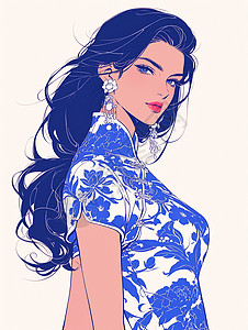 身穿青花瓷旗袍的优雅的卡通女人插画