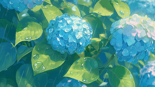蓝色花朵扇子大雨中盛开的唯美卡通绣球花插画
