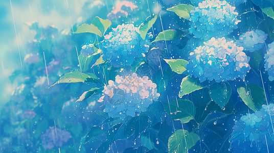 大雨中盛开的卡通绣球花背景图片