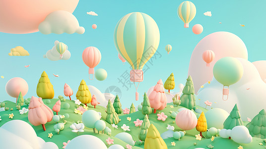 在美丽森林上空飞着浪漫的热气球高清图片