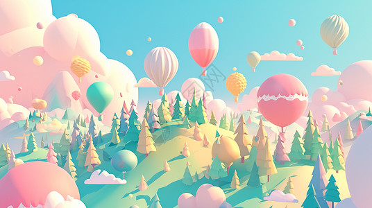 在梦幻森林上空飞着浪漫的热气球背景图片