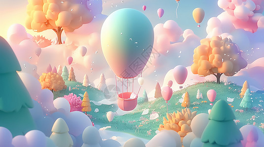 马卡龙色背景抽象梦幻唯美的卡通森林上空飞着许多热气球插画