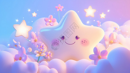 紫色的天空云朵上一颗可爱的卡通小星星插画