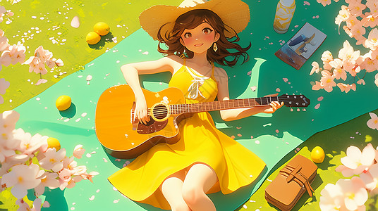 身穿黄色连衣裙的卡通女孩躺在草丛中开心弹吉他插画