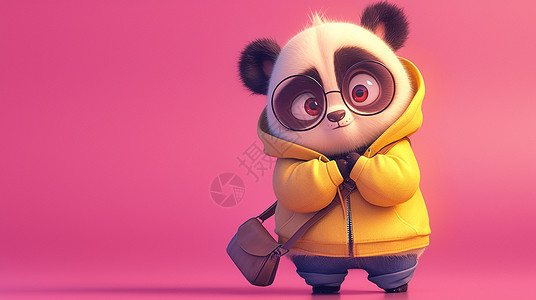 粉色包穿着时尚黄色上衣背着包的卡通熊猫插画