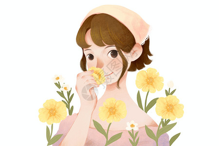 少女孩春天花卉人物春季黄色鲜花少女插画