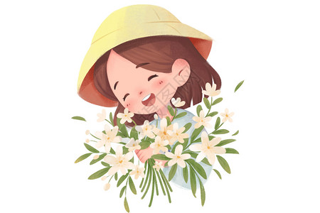 美女戴花人物春季鲜花戴遮阳帽少女插画