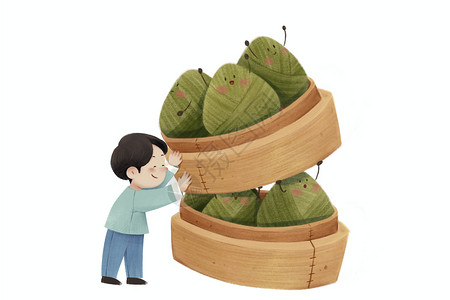 蒸桂鱼端午节粽子人物插画拟人粽子蒸粽子的男孩插画