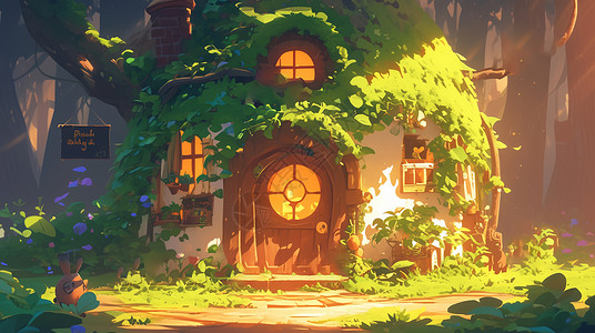 森林中的卡通小树屋背景图片