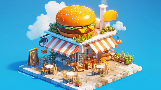 汉堡店提案房顶上有大大的汉堡的卡通汉堡店插画