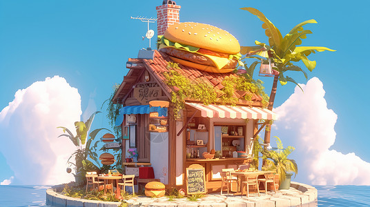 快餐店房顶上有大汉堡的卡通汉堡店插画