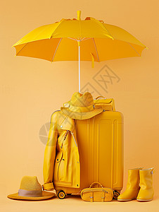 防晒装备黄色旅行箱上放着一把黄色卡通遮阳伞插画