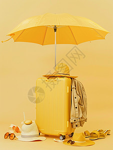 防晒装备黄色旅行箱上放着黄色卡通遮阳伞插画
