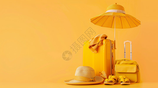大的黄色卡通旅行箱与度假用品高清图片