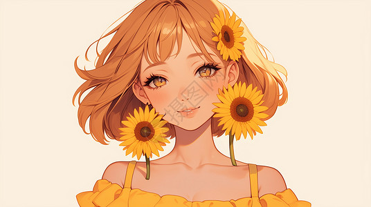 虚边橙色太阳花时尚漂亮的卡通女孩戴着太阳花耳饰插画
