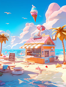 海边沙滩上的卡通冰激凌屋背景图片