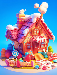 立体可爱梦幻的卡通奶油糖果屋背景图片
