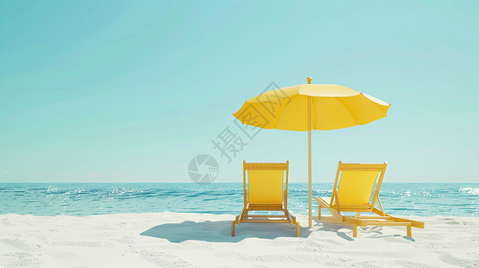 夏天金黄色金黄色的沙滩上一把大大的遮阳伞下放着休闲椅插画