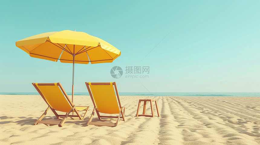 黄色的沙滩上一把大大的遮阳伞下 有一把休闲椅图片
