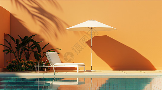 橙色墙蓝色泳池边一把遮阳伞插画