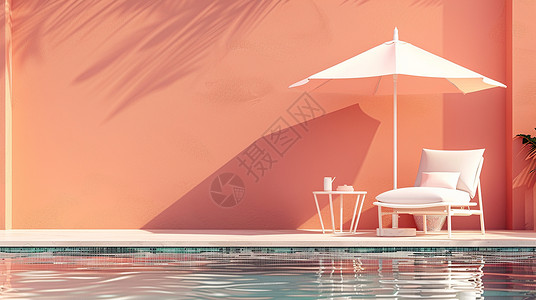 橙色墙泳池边一把白色的遮阳伞插画