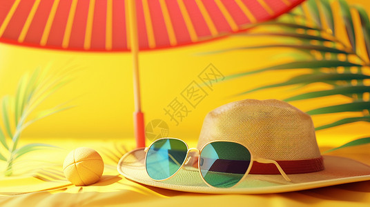黄色的雨伞草帽墨镜与雨伞度假休闲场景插画